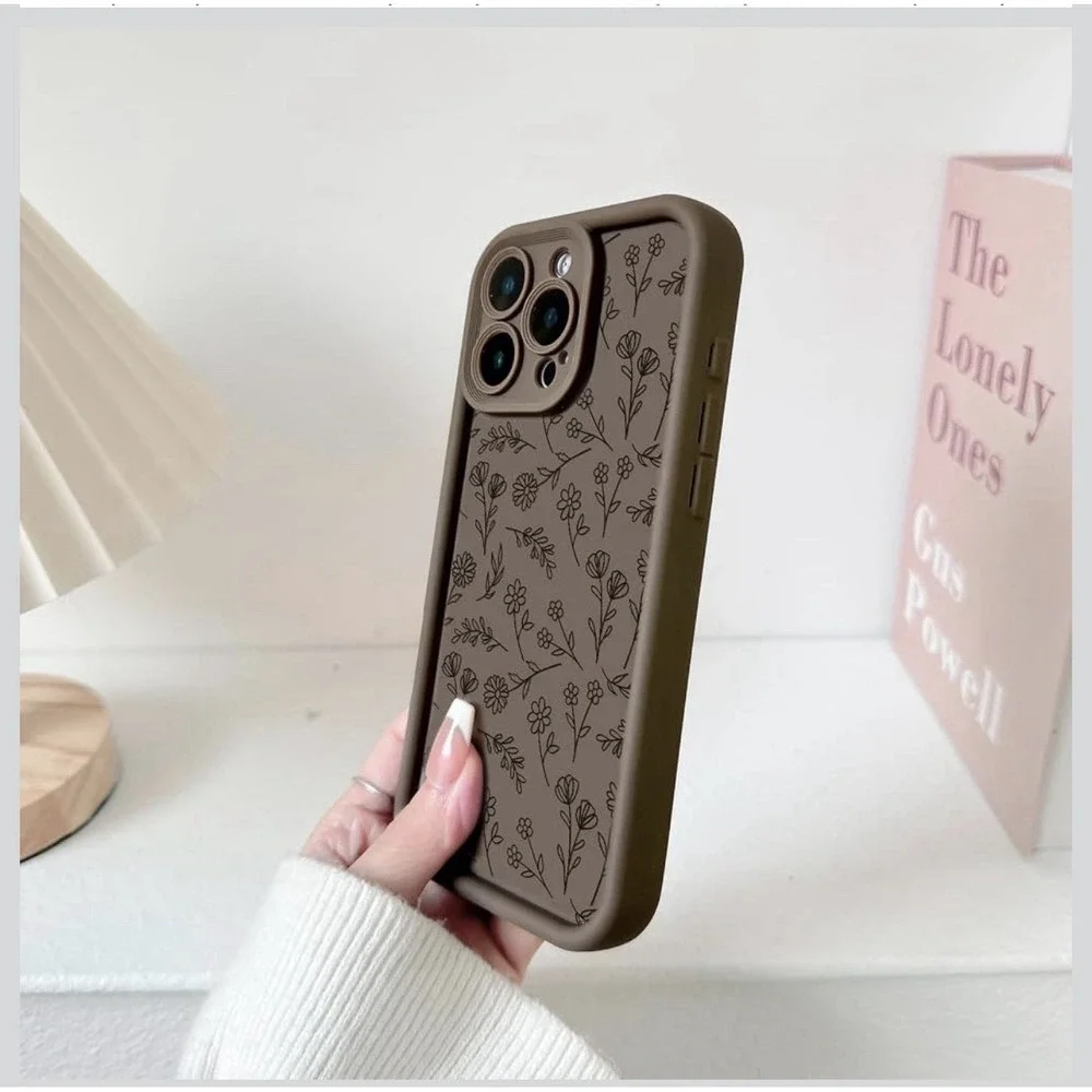 D0043-iPhone 16 Pro Case Coffee Brown Floral Shockproof Cover 6.3 inch 2024